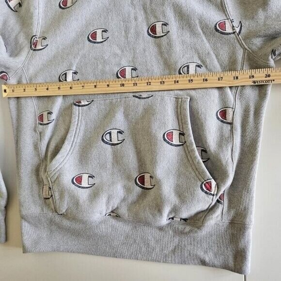 Champion Hoodie Mens S Grey Reverse Weave Kanga Pocket LS AOP Y2K Preppy Casual - Picture 4 of 12